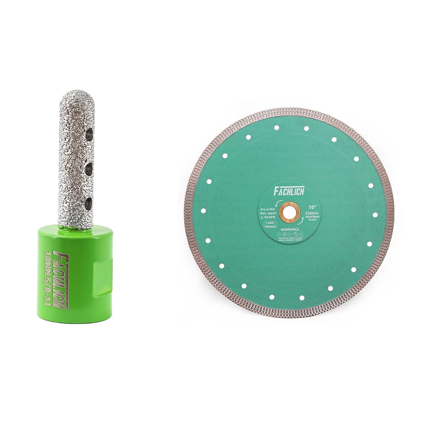 Diamond Finger Milling Bit 10mm - FACHLICH 5/8" 11 Thread and FACHLICH Diamond Porcelain Saw Blade - 10" Tile Blade 250MM Dry Wet Ceramic Cutting Discs with X Teeth Turbo Mesh Rim