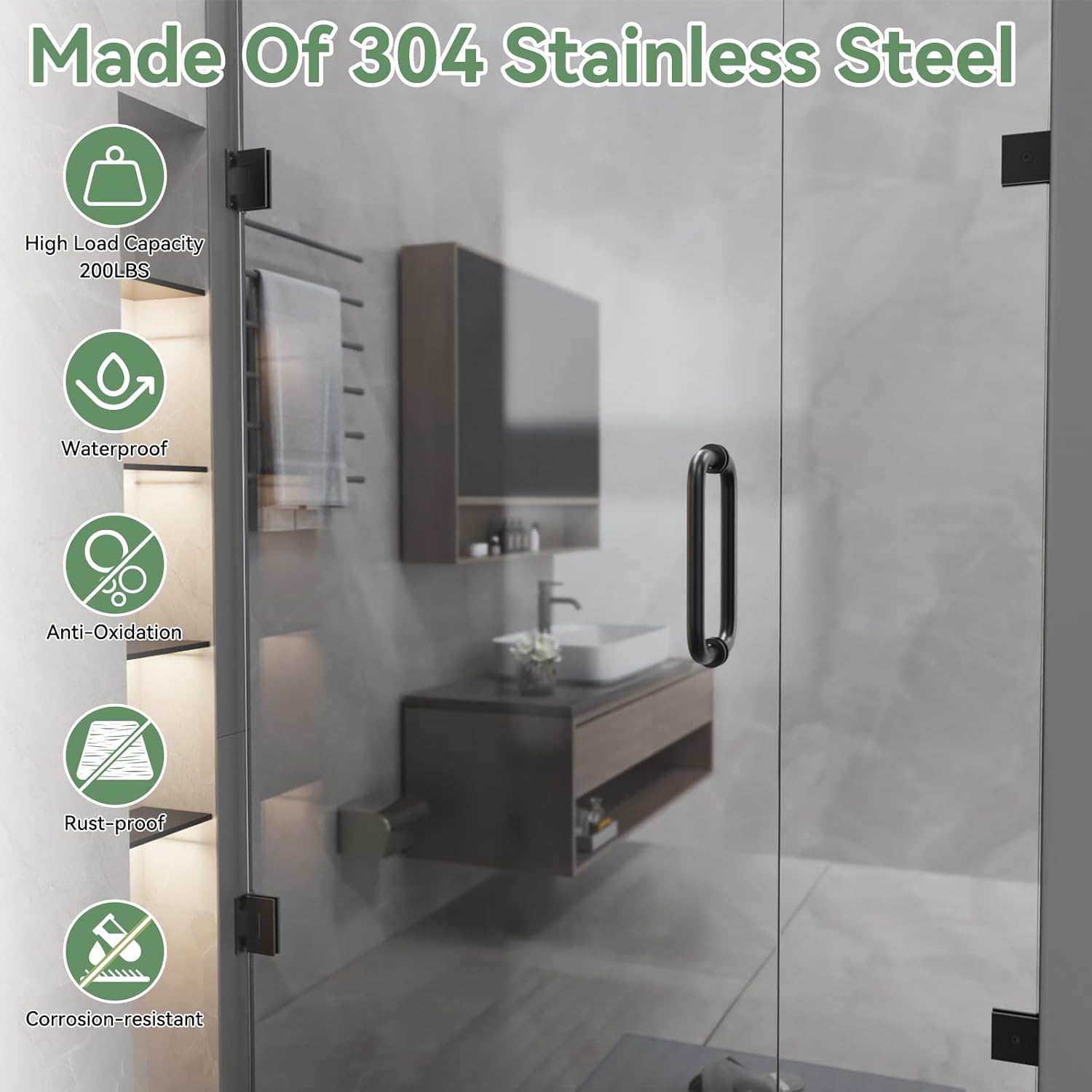 Shower Door Hardware Kit 304 Stainless Steel for 6/25"-1/2" (6mm-12mm) Tempered Glass, Hardware Accessories with 8" Handles Hinges Glass Clamp - Matte Black