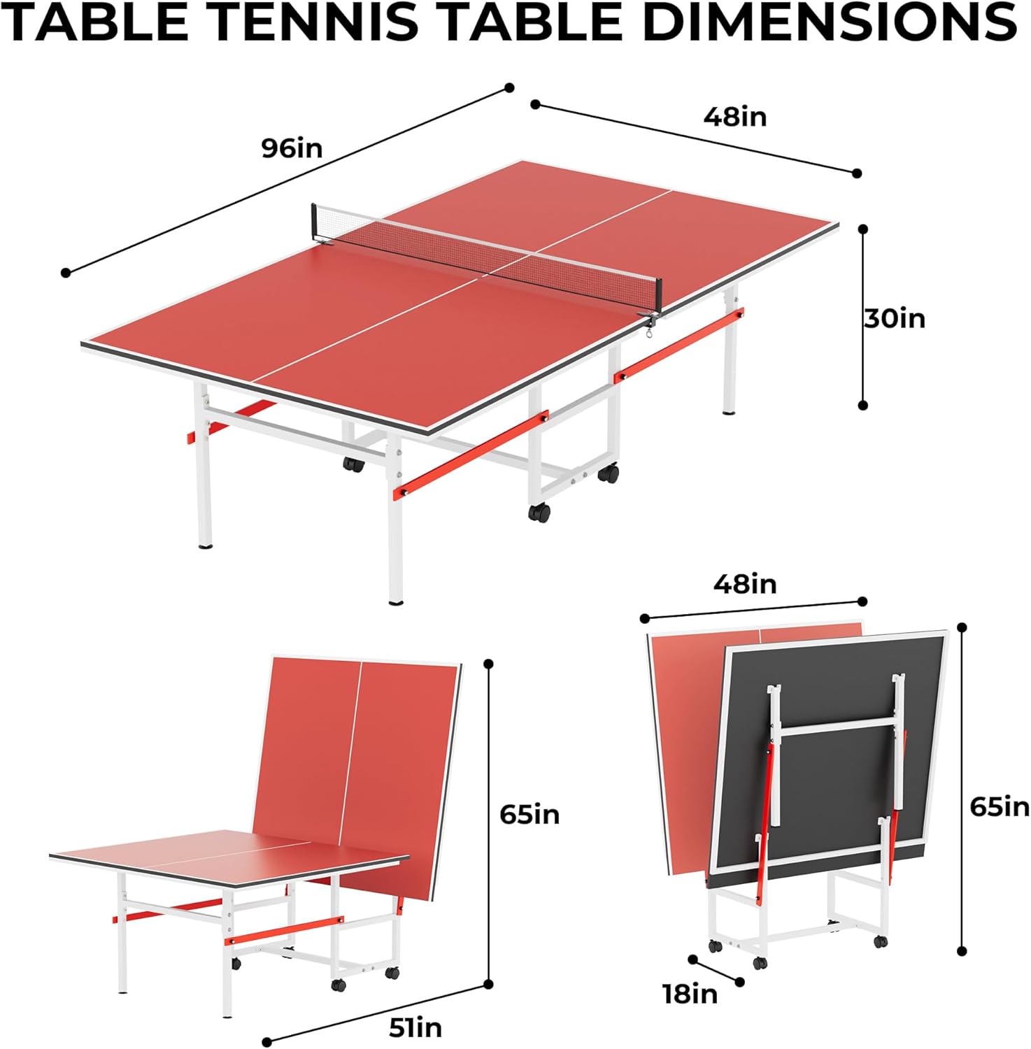 Mid-Size Table Tennis Table, Foldable & Portable Professional Ping Pong Table for Indoor & Outdoor Games with Net, 2 Table Tennis Paddles and 3 Balls,Easy to assemble (Red, 8FT)