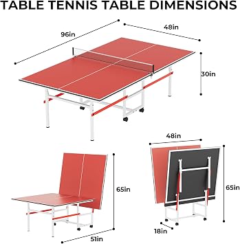 Mid-Size Table Tennis Table, Foldable & Portable Professional Ping Pong Table for Indoor & Outdoor Games with Net, 2 Table Tennis Paddles and 3 Balls,Easy to assemble (Red, 8FT)