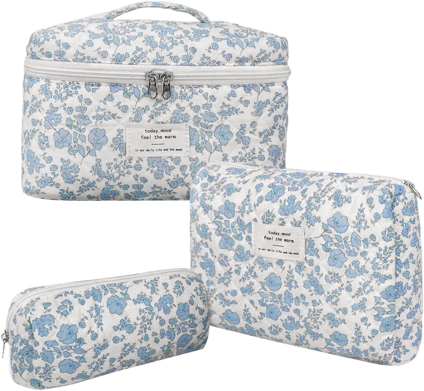 Floral Makeup Bag Set Women, 3-Piece Quilted Cosmetic Travel Bags, Cute Blue Floral Print, Pouch for Brushes, Shampoo, Facial Cleanser, Cotton Quilting, Multicolour, Unisex