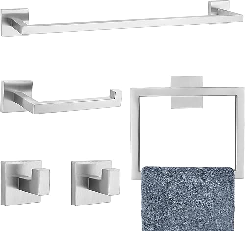 TNOMS - Juego de 5 toallas de baño, juego de accesorios de baño de níquel cepillado para baño, juego de accesorios de baño de acero inoxidable