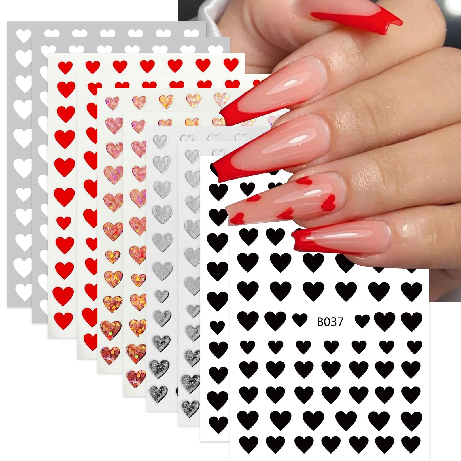ROFIBUT Heart Love Nail Art Stickers Glitter Shiny Love Nail Decals 3D Self-Adhesive Valentine Nail Supplies Glitter Red White Silver Black Heart Nail