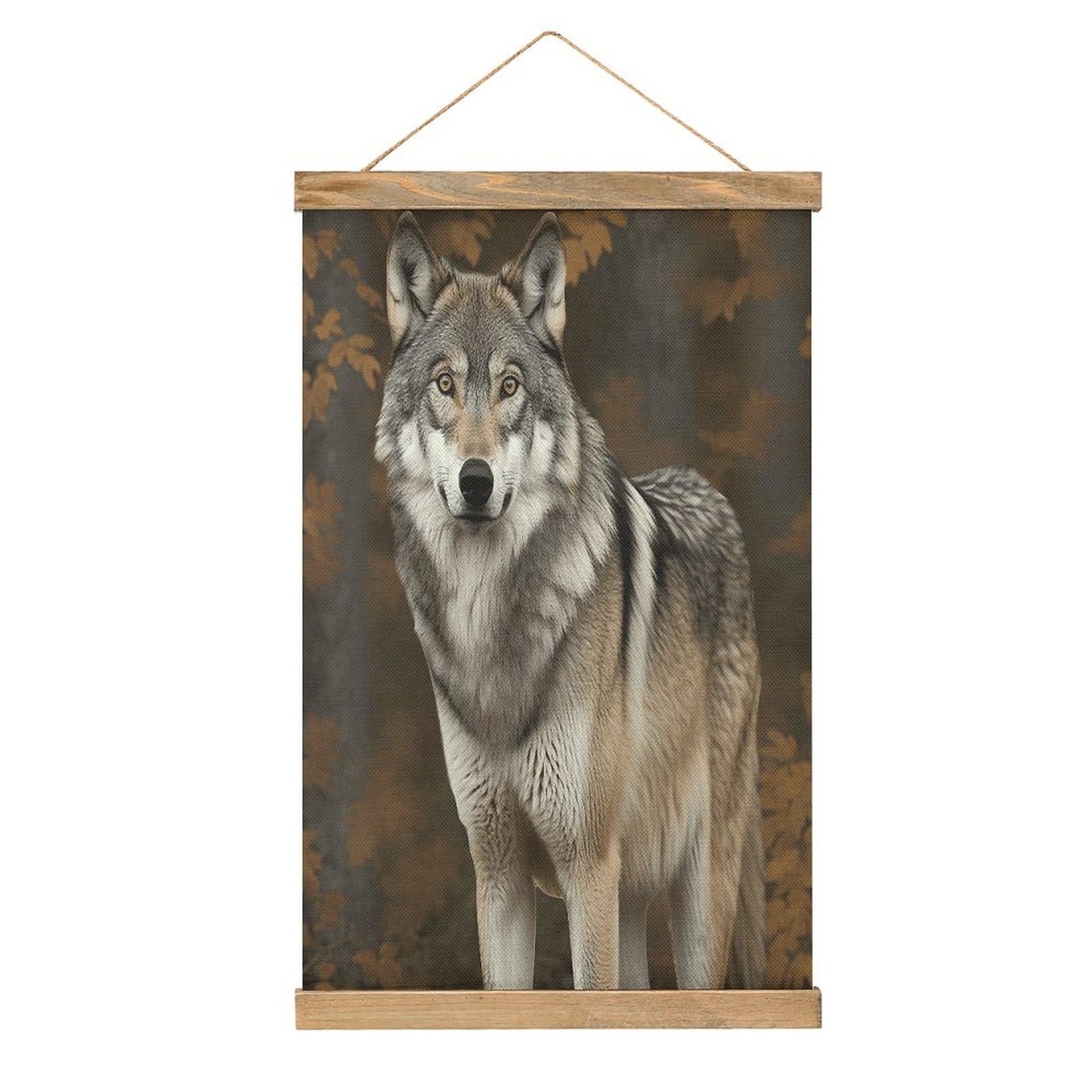VstaDank Wild Wild Gray Wolf Hanging Poster with Wooden Frame Modern Linen Hanging Painting Retro Style Wall Decor Art Painting for Living Room,Bedroom Decor Poster Frame 20.4x13.1inch
