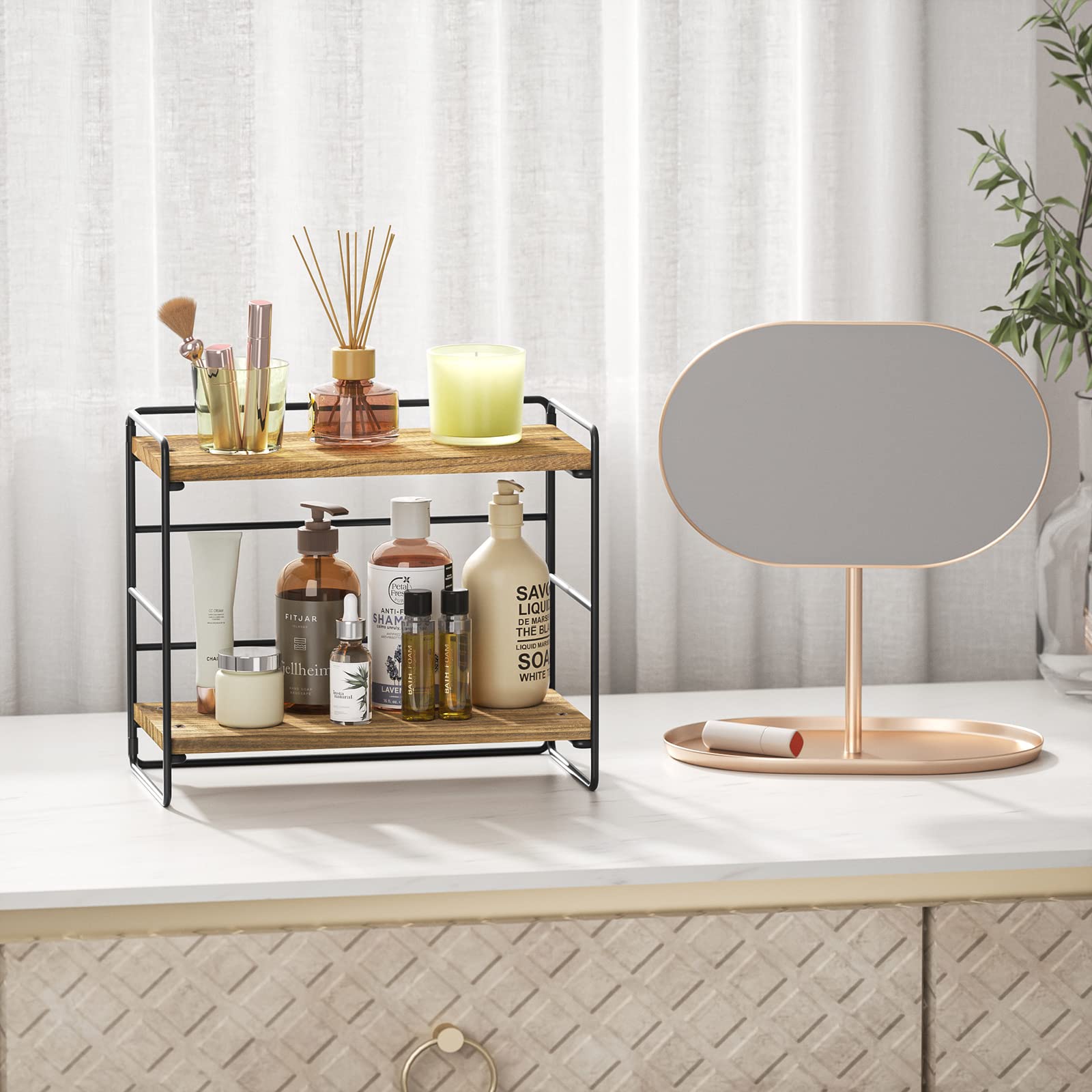 SRIWATANA Bathroom Countertop Organizer Set of 2, Kitchen Counter Shelf Spice Rack Sink Countertop Storage Desktop Large Wood Shelf - Carbonized Black