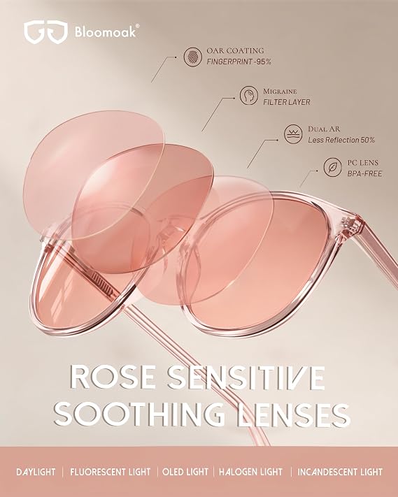 Bloomoak Rose Tinted Migraine Relief Glasses,Round Retro Blue Light Blocking Glasses, Light Sensitivity Glasses for Fluorescent LED, Photophobia, Eye Strain