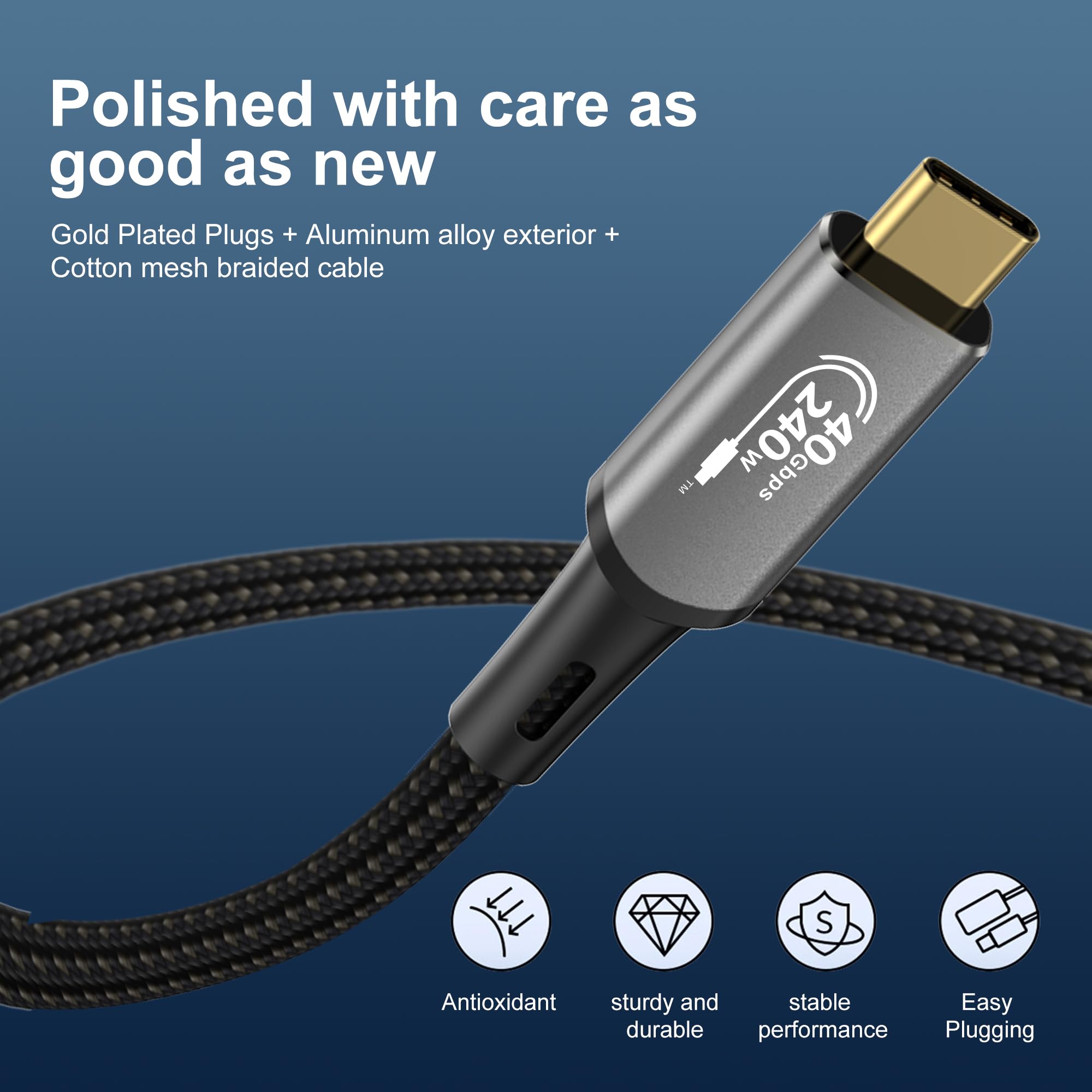 USB4 Cable with Thunderbolt 4, 240W Charging, 40Gbps Data, 8K@60Hz 4K120Hz HDR, PD3.1, USB C to USB C, for MacBook M1-M3, Mac Studio, Laptops, Monitor