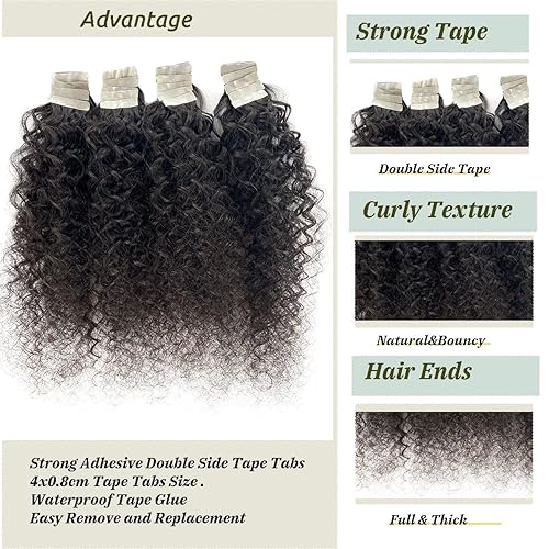 Miniatura 5 de Smavida Extensiones de cabello rizado con cinta, extensiones de cabello negro natural con cinta adhesiva de doble cara, extensiones de cabello