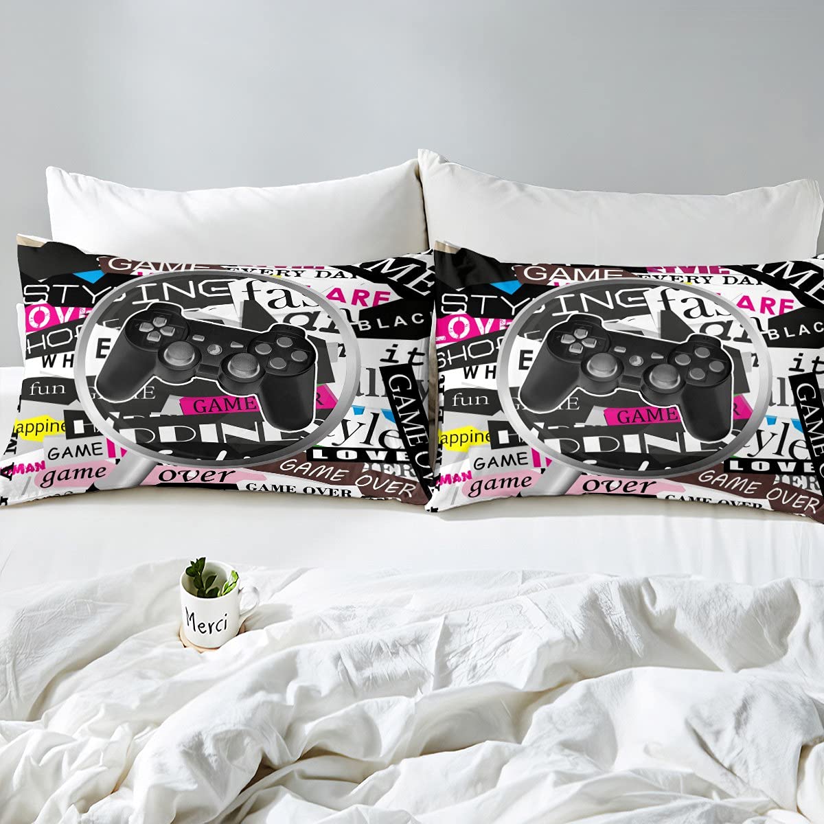 Juego de ropa de cama para niños y niñas, juego de ropa de cama para todas las estaciones, con lupa de dibujos animados, juego de edredón negro, rosa y gris, con 2 fundas de almohada, 3 piezas, tamañ
