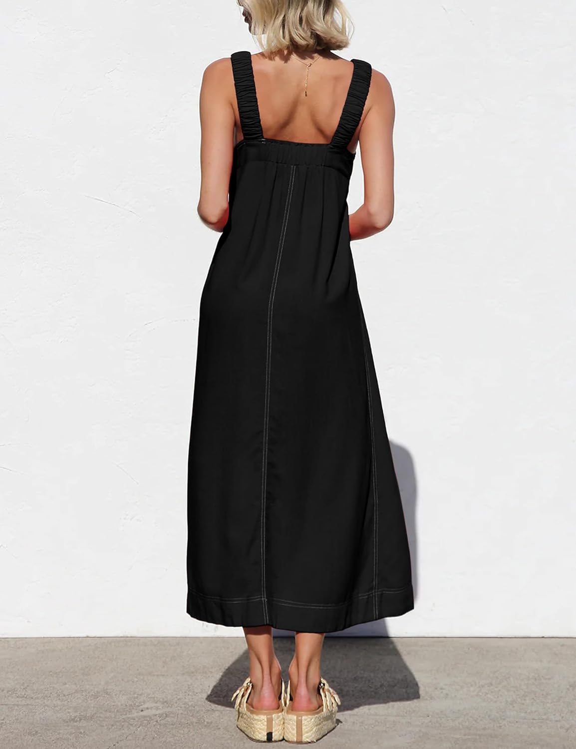 LTSCNRM Women's Summer Casual Midi Dress Square Neck Elastic Spaghetti Strap Sleeveless A-Line Beach Dresses