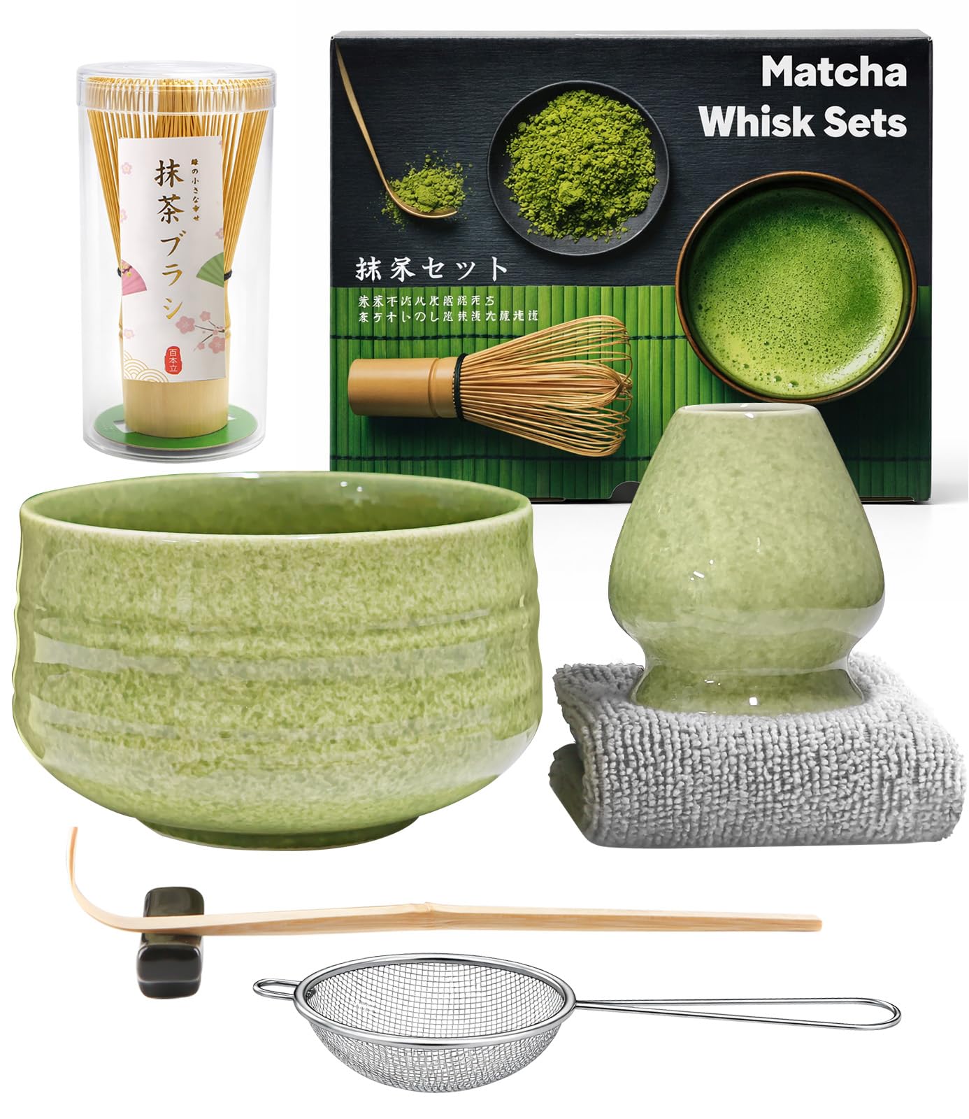 7 Pieces Japanese Matcha Ceremony Kit, Natural Bamboo Matcha Beater, Matcha Bowl, Bamboo Scoop, Strainer, Tea Towel, Whisk Holder, Complete Matcha Set