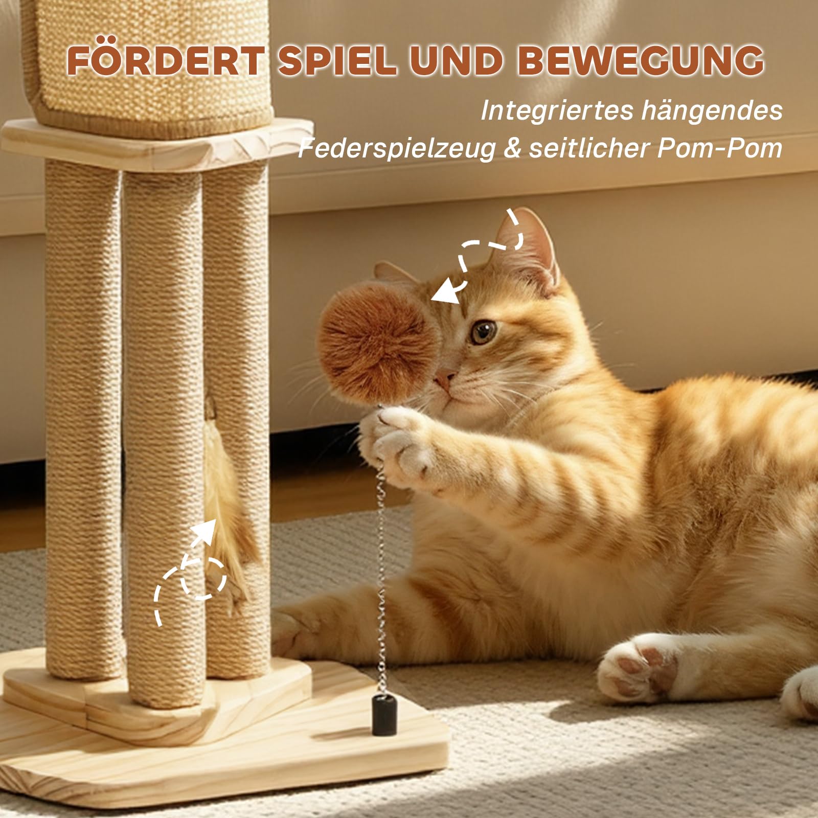 Pawtasy Kratzsäule Katze 67cm Kratzstamm Natur-Sisal Kleiner Kratzbaum mit Plüschball und Feder-Spielzeug Cat Scratching Post in Modernem Design für Indoor Katzen Stabil