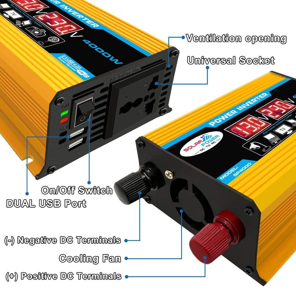 Inversor,Inversor Coche 4000W de energía del coche del inversor del convertidor DC 12V a 220V AC / 110 V con una tensión de pantalla dual puertos USB del adaptador del cargador 4.2A(DC 12V to AC 220V)