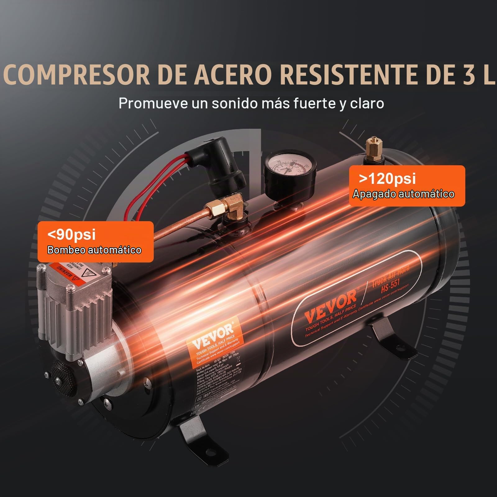 VEVOR Kit de 4 Bocinas de Trompeta Bocina de Automóvil de 150 dB con Compresor de Aire de 90-120 PSI Tanque de Aire de 3 L Bocina de Aire Universal de 12 V para Todos los Vehículos Trenes Barcos Auto