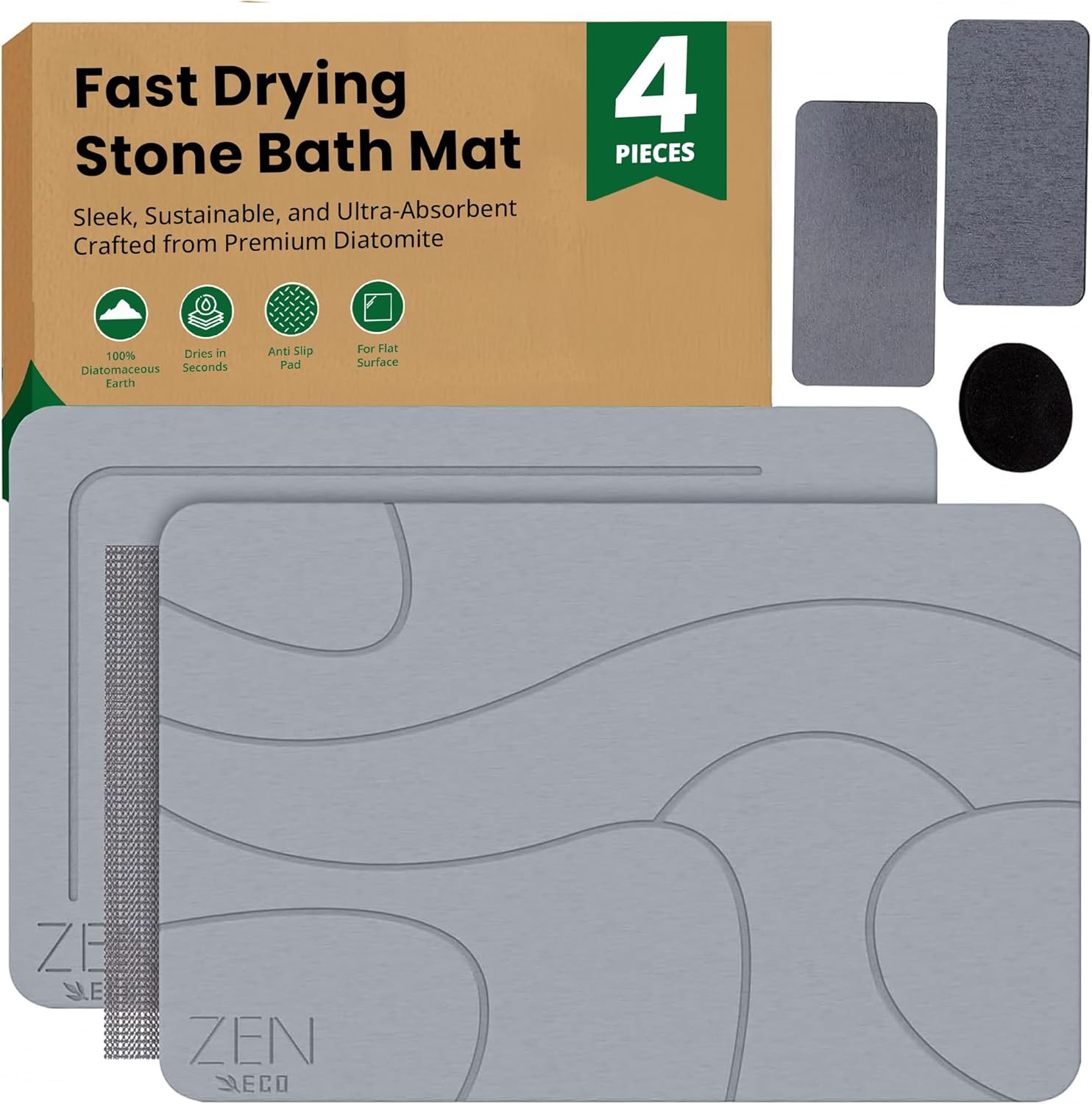4Pcs Stone Bath Mat – No Smell Quick Dry Diatomaceous Earth Bath Mat – Super Absorbent Diatomite Stone BathMat Non-Slip, Easy to Clean 1xStone &1xFoldable Mat, 2xStone Dishes 23.5×15.5″