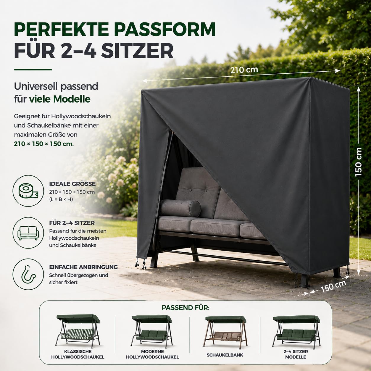 Abdeckung Hollywoodschaukel, für 2,3,4-Sitzer, wasserfest & Winddicht & UV-Schutz Schutzhülle - reißfeste Plane Gartenschaukel & Schaukelbank - 210x150x150cm