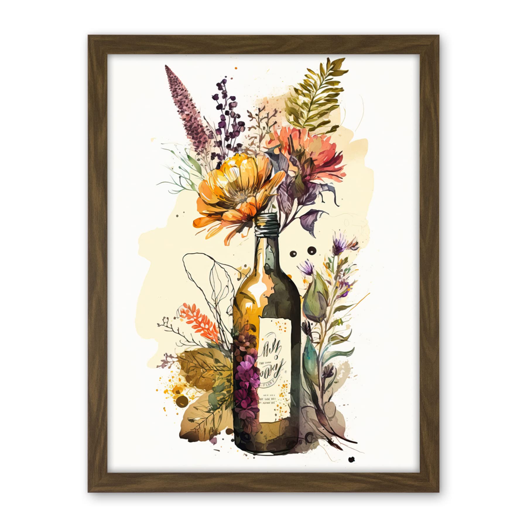 Artery8 Wildflower Bouquet in Upcycled Glass Wine Bottle Artwork Framed Wall Art Print 18X24 Inch
