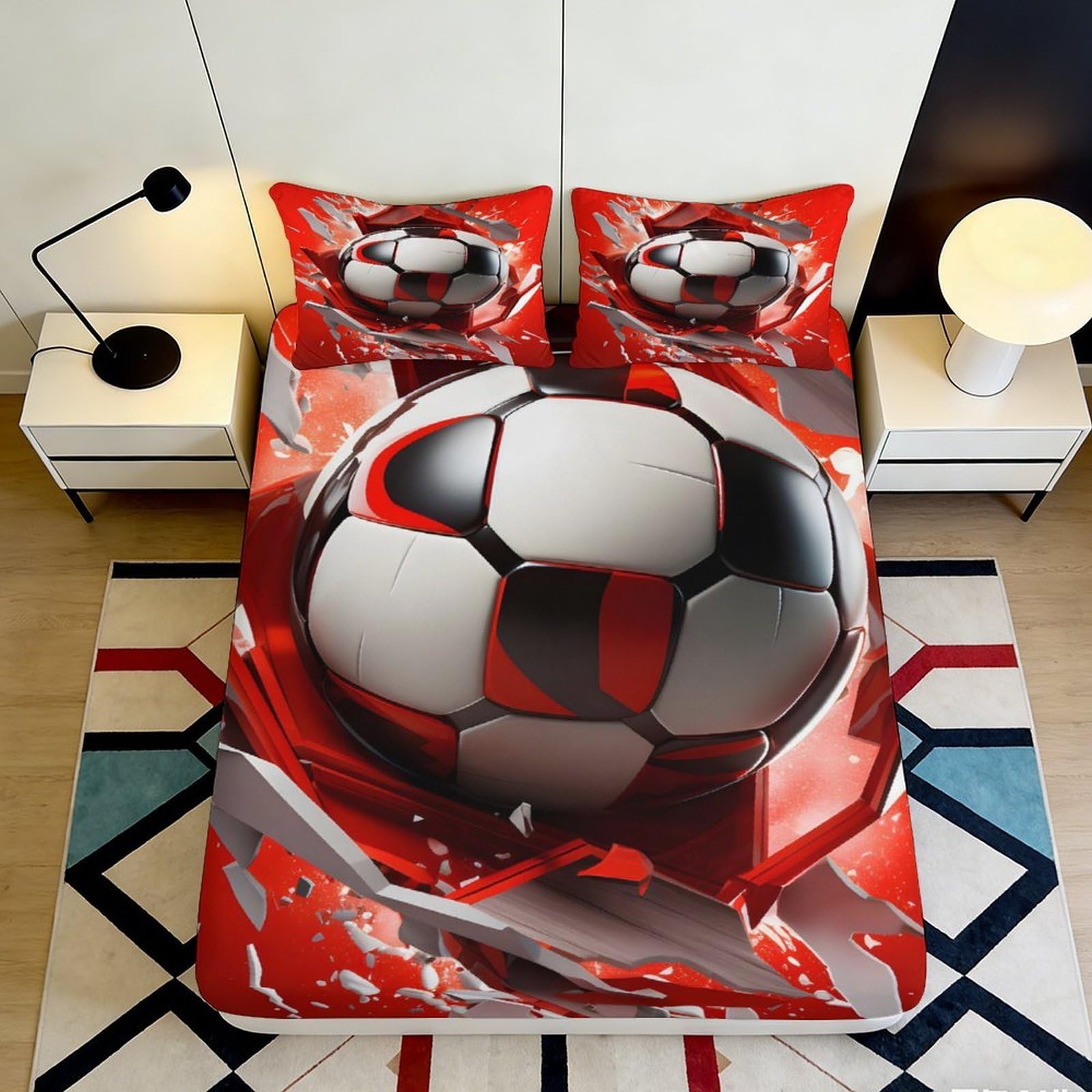 3D Printed Soccer Ball Fitted Sheet Microfiber Red Splash Bed Cover for Bedroom Guest Room Mattress Protection Decor 180x200x25cm