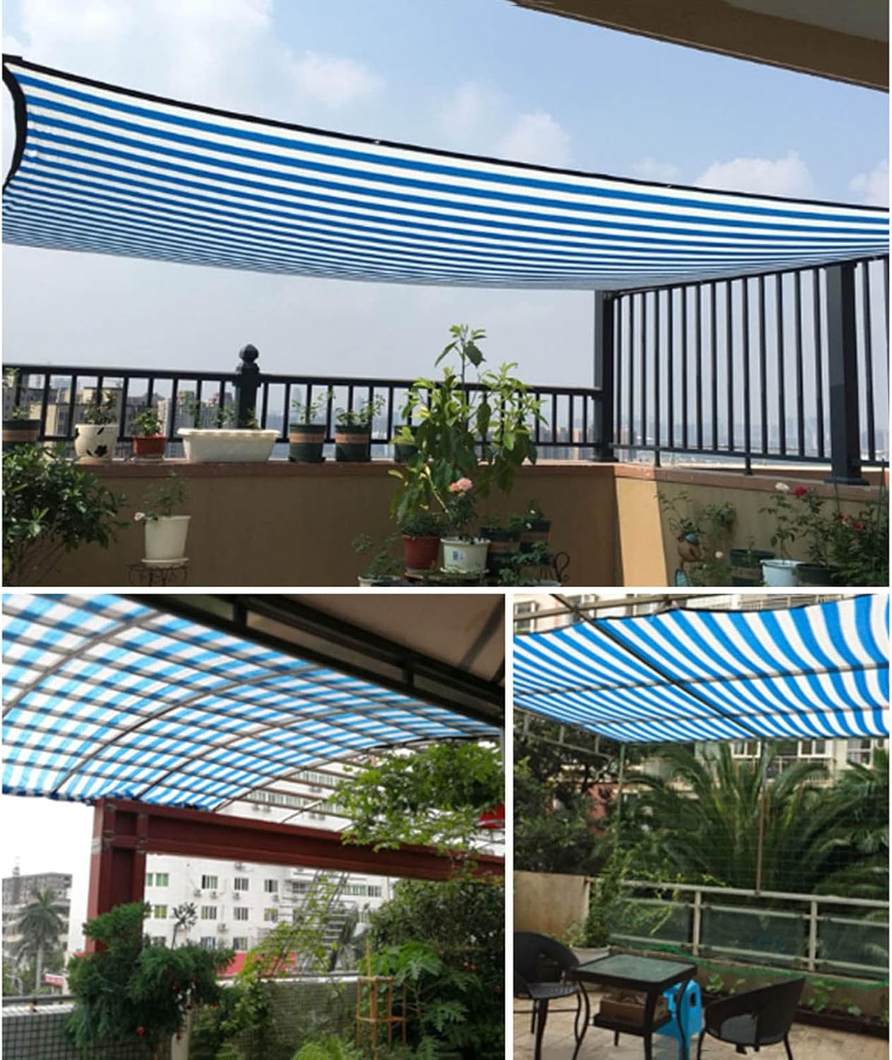 Greenhouse Shading Net,Sunblock Shade Cloth Net,Awning,90% Blue and White Striped Shade Mesh Tarp,Shade Sail,Shade Netting for Outdoor Garden Pergola Patio Balcony Plant,BlueWhite-3x3m(9.8*9.8ft)