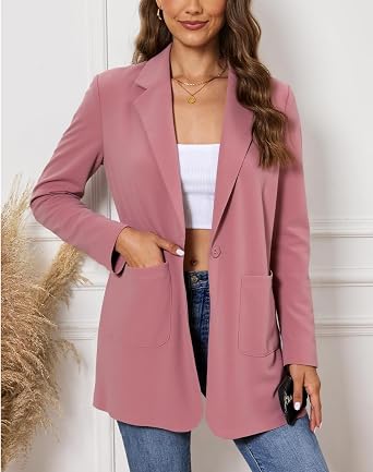 Womens Blazer Jacket Casual Work Office Long Boyfriend Button Front Blazer