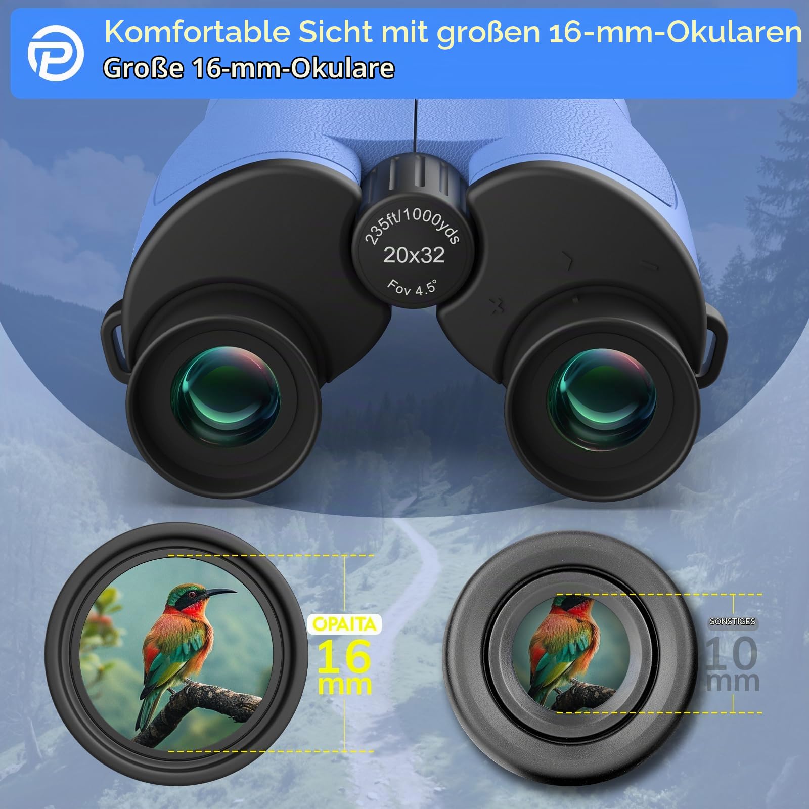 Kompaktes 20x32 Hochleistungsfernglas für Erwachsene und Kinder, mit Sicht bei schwachem Licht, ideal für Jagd, Kreuzfahrten, Reisen, Konzerte und Wandern, blau