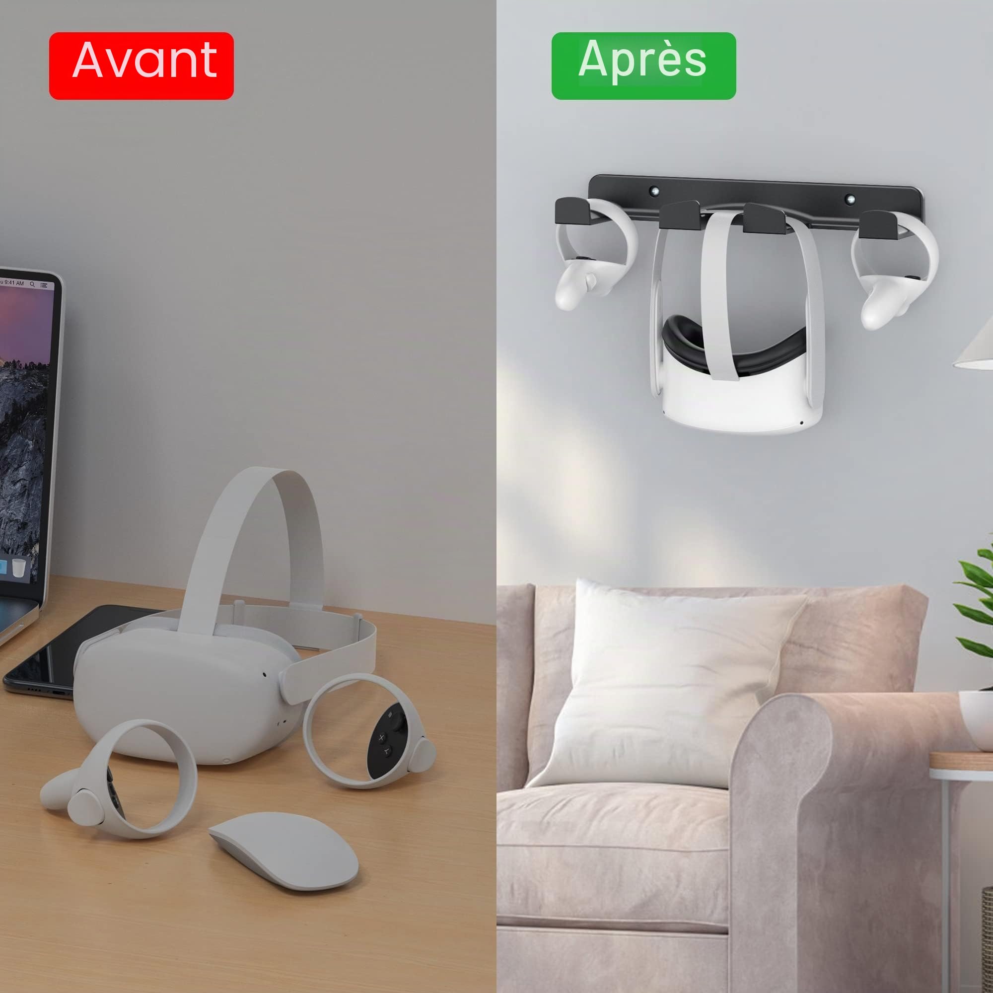 HomeMount Support Mural de Rangement pour Casque VR - Compatible avec Meta/Oculus Quest 2/Quest/Rift/Rift S/Valve Index/HTC Vive/HP Reverb G2/ Playstation VR, Porte-Manette de Jeu (noir)