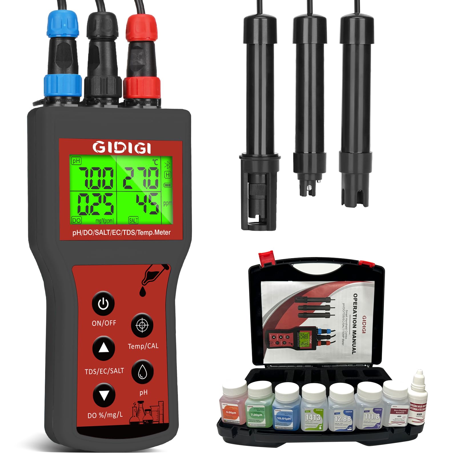 Messgerät für gelösten Sauerstoff für Wasser, 6-in-1 Smart DO, pH, Salzgehalt, TDS, EC, Temperatur, mit automatischer Kompensation für Teiche, Aquarien, Wassertests, Wasserqualitätstester, Teich-Saue