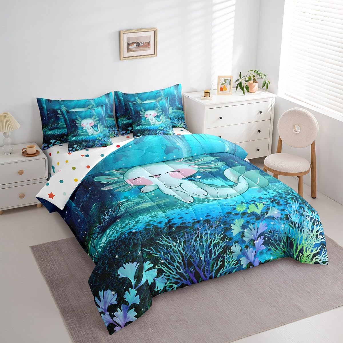 Manfei 7 Pieces 3D Print Axolotl Comforter Set,Cartoon Cute Ocean Animal Salamander Bedding Set,Teal Blue Undersea World (Comforter+Fitted+Flat Sheet+2 Pillowcases+2 Throw Pillow Covers),Full Size