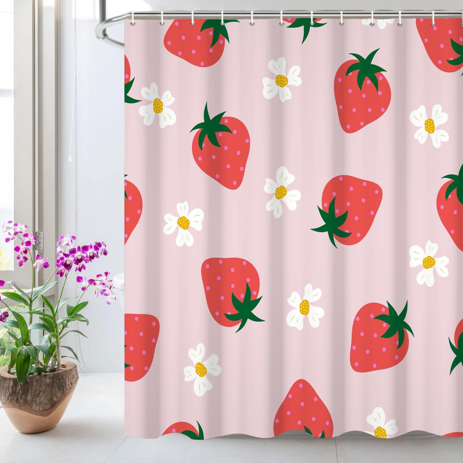 Cute Strawberry Shower Curtain for Bathroom with 12 Hooks, Pink Funny Strawberry Fruit Flower Shower Curtains Set for Bathroom Decor 72x72 Inch Waterproof Fabric