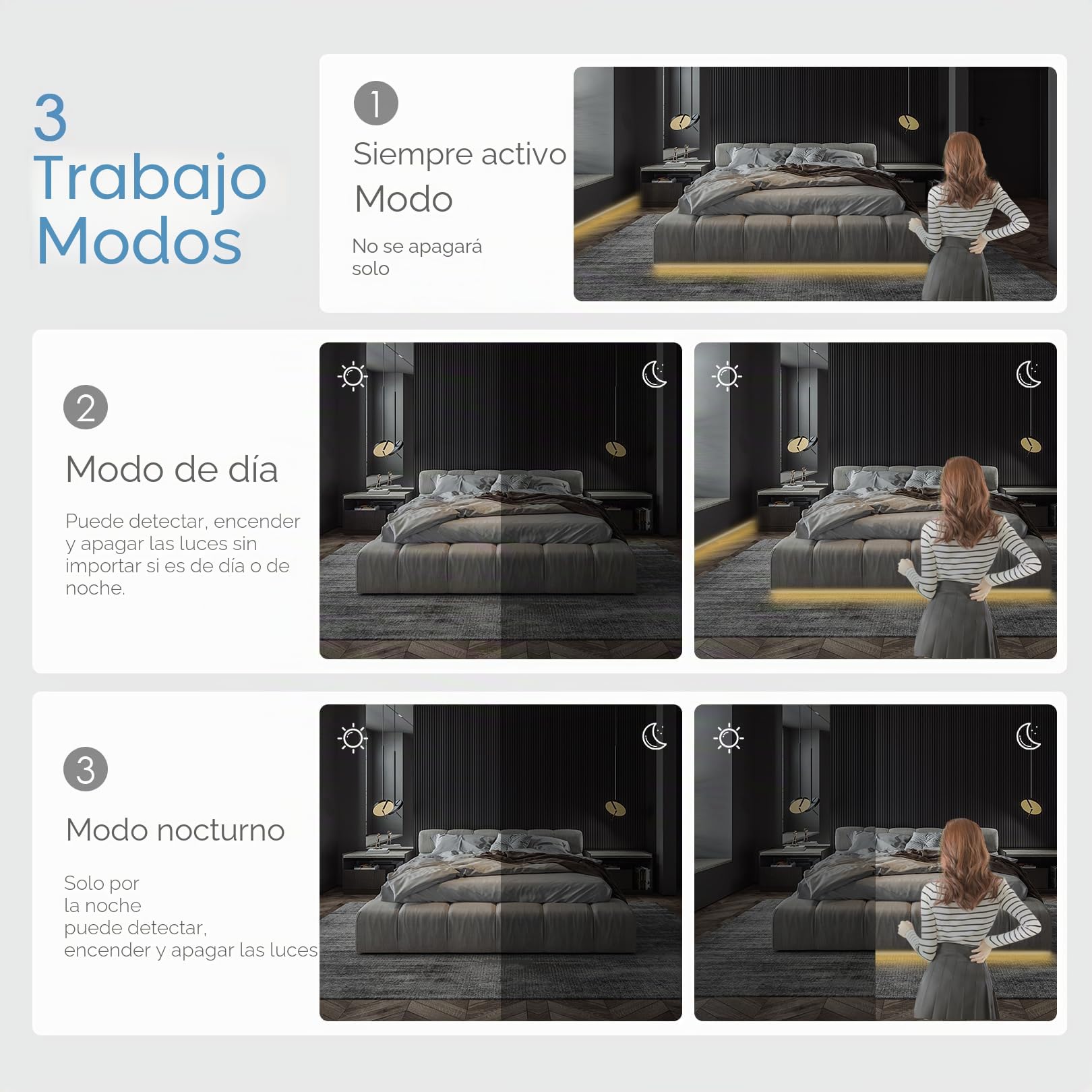 YOODI Tiras LED con Sensor de Movimiento, 5M Neutra Iluminacion LED con Temporizador, Luz LED Nocturna Neón Flexible Cortable, Tira de Luz de Atenuación Continua para Dormitorios, Escaleras