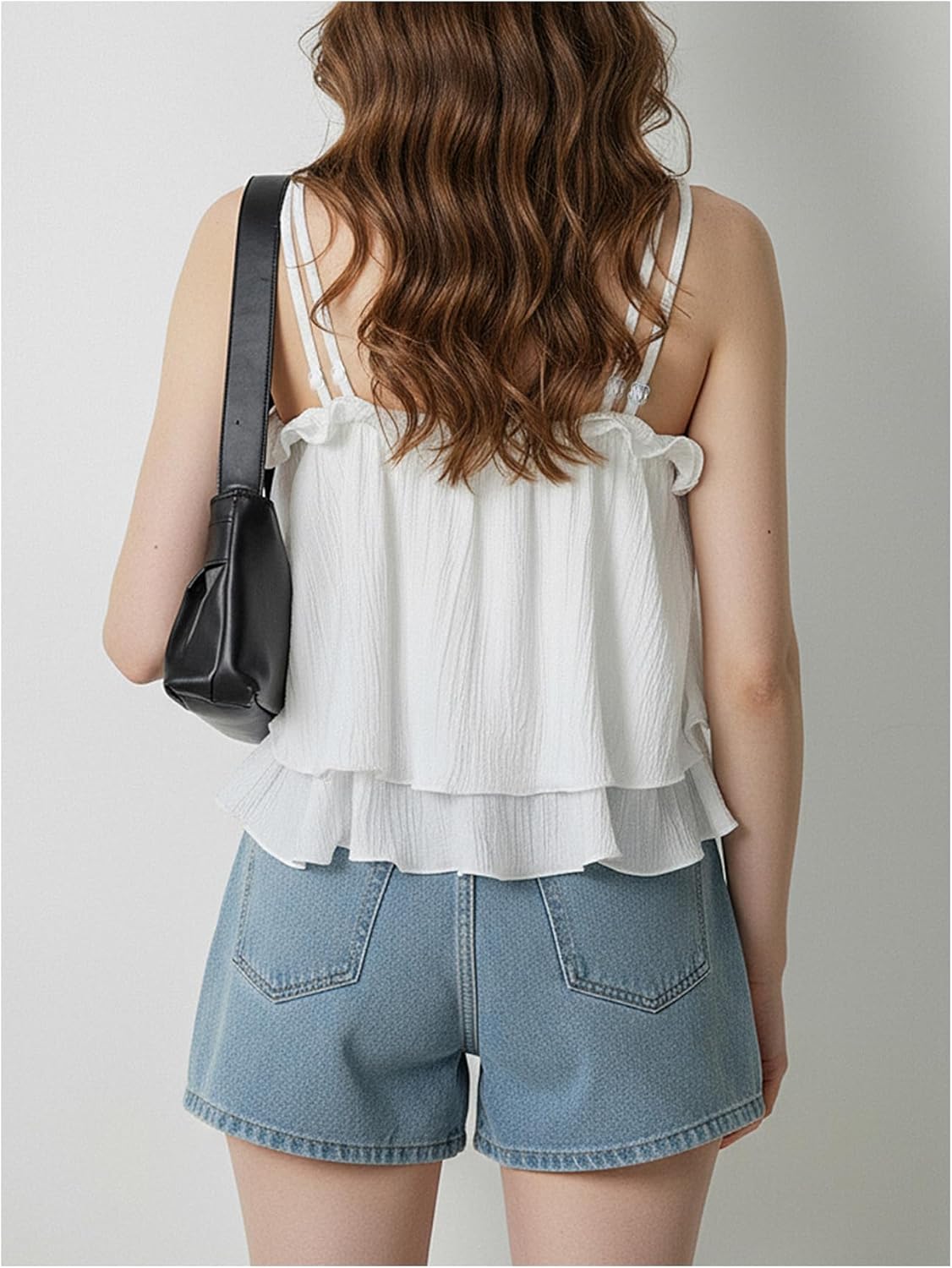 Women's Layered Ruffle Crop Camisole Top Summer Square Neck Spaghetti Strap Flowy Cute Going Out Tops - Image 2