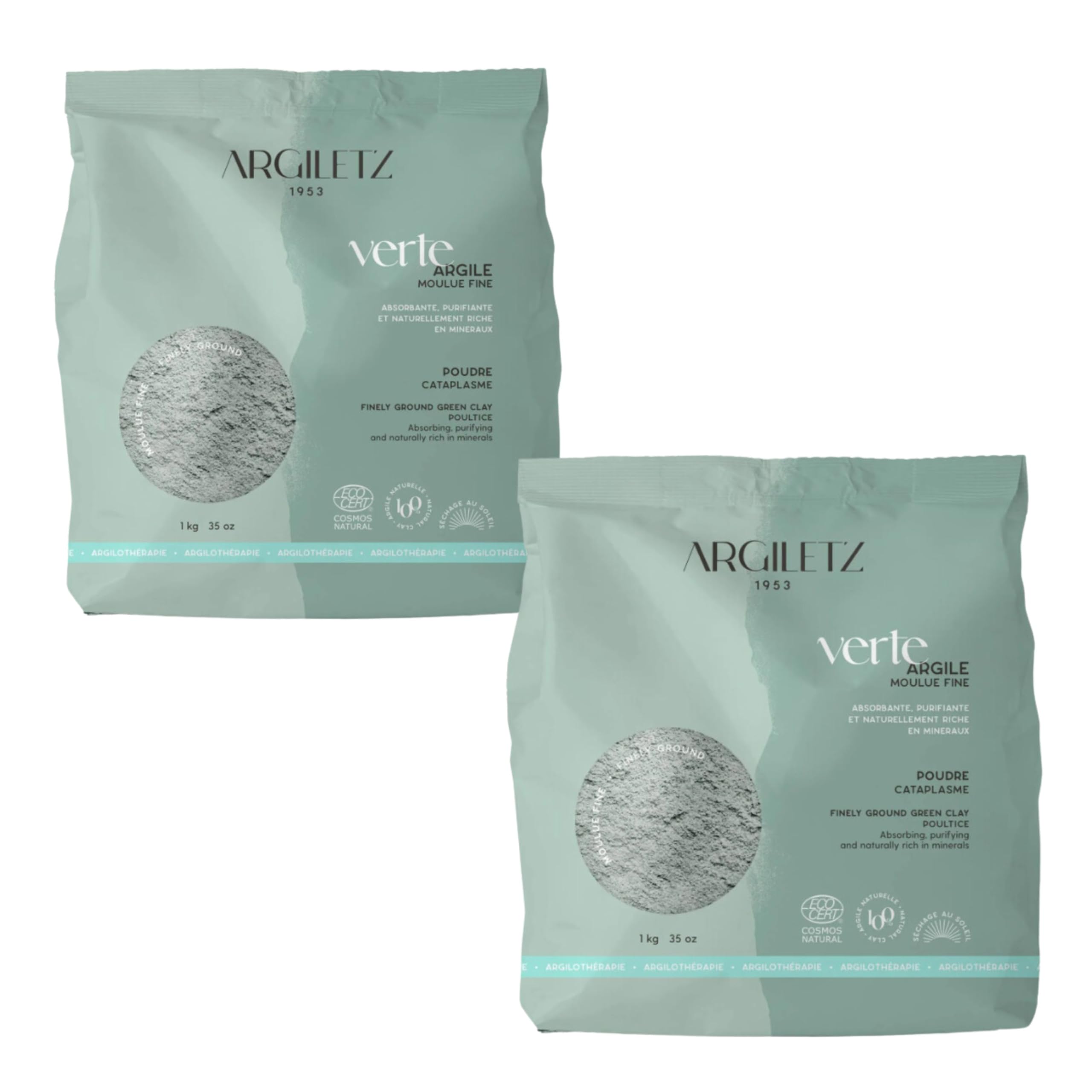 (ARCILIA) Argiletz - Lot de 2 sachets d'argile verte illite moulue fine 1kg - séchée au soleil ARGILTEZ - cataplasme, emplâtre, masque soin beauté visage, cheveux, bain d'argile et cure