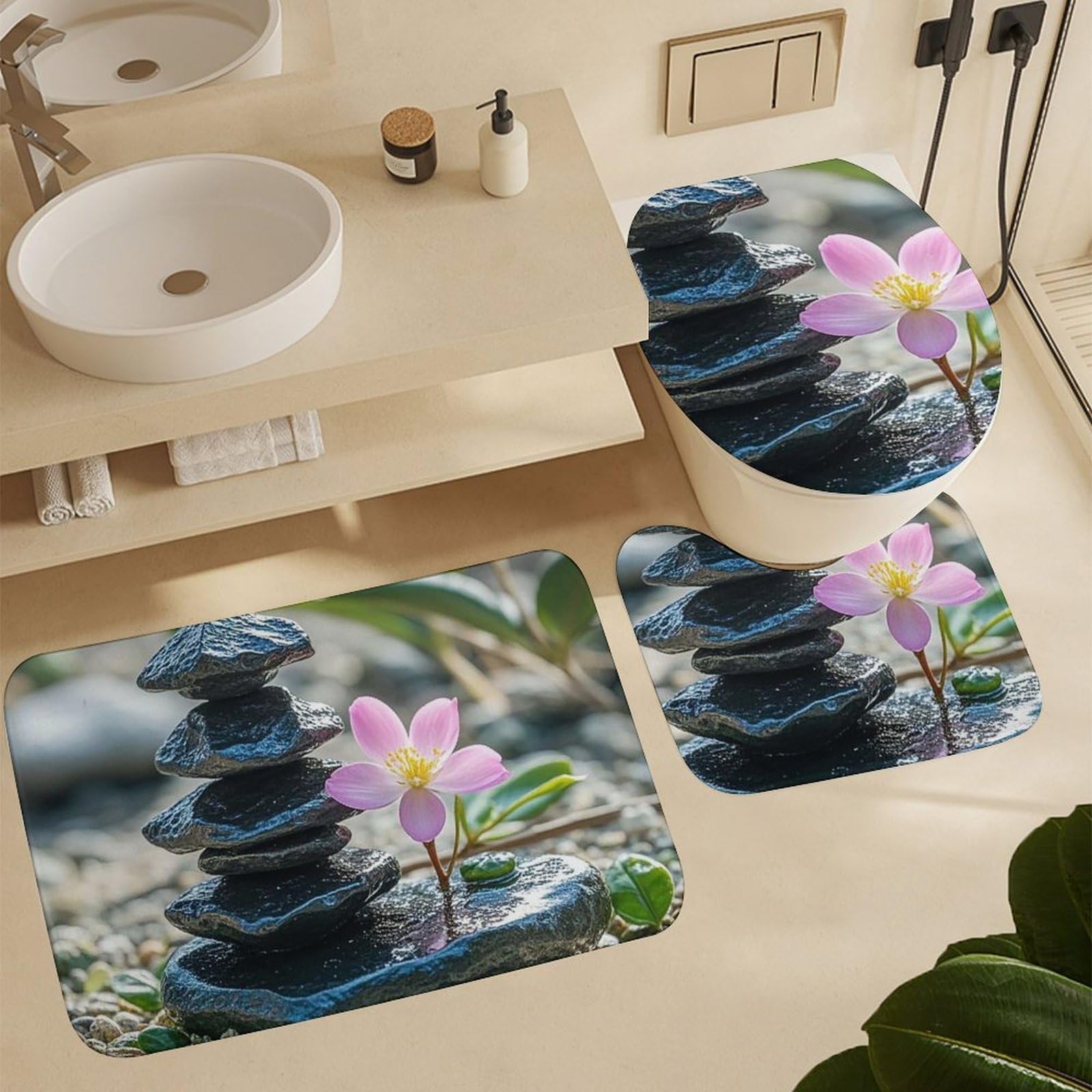 Tapis de bain fleur et pierre noire lot de 3 pièces pour douche et WC