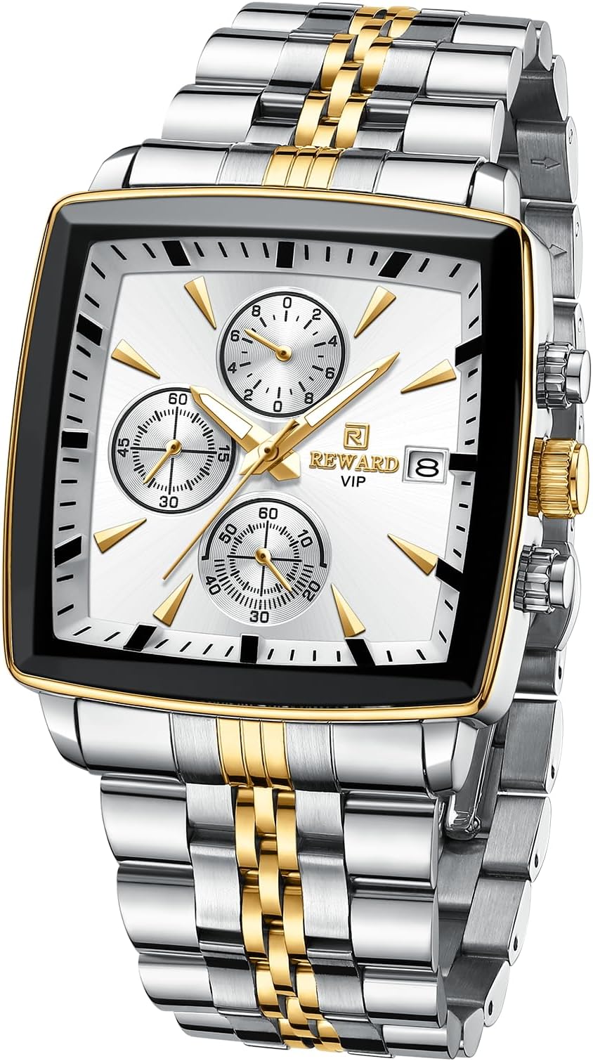 REWARD Square Mens Wrist Watches, Luxury Fashion Analog Quartz Watch, Classic Big Face Chronograph Waterproof Luminous Date Stainless Business Watches for Men Black/Silver/Blue Dial
