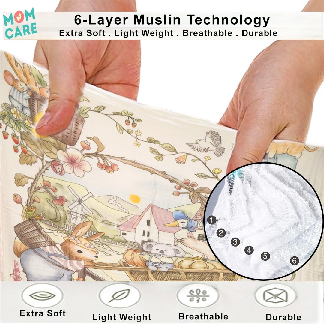 MOM CARE Baby Blankets Newborn | 6 Layer Organic Muslin Baby Blanket | Ultra Soft Breathable Cotton Swaddle Wrap | Baby Quilt, Receiving Blanket, Bath Towel, Stroller Cover | 110X110 Cm Animal Print 2