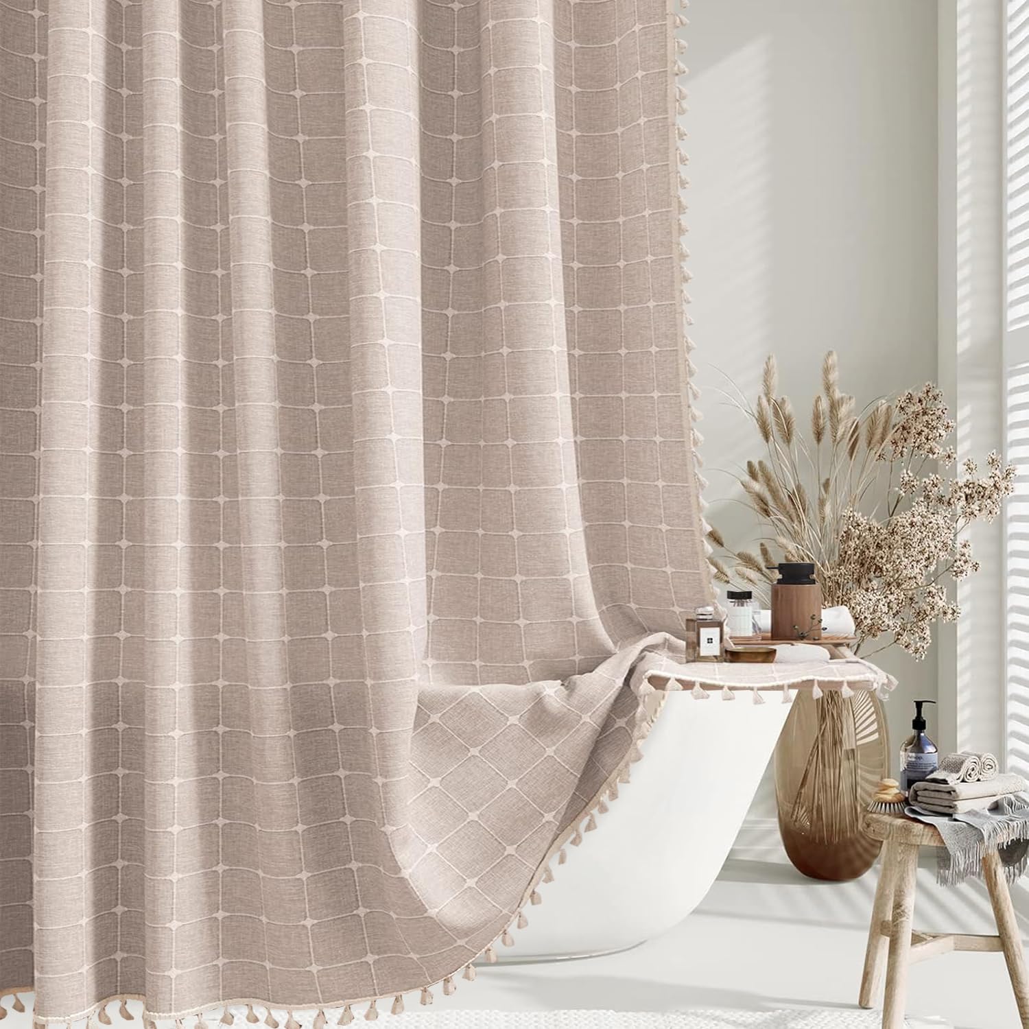 Colorigan Boho Farmhouse Shower Curtain - 72x84 Inches Linen Rustic Fabric Shower Curtain Set with Tassel, Water Repellent Cloth, Modern Bohemian Chic