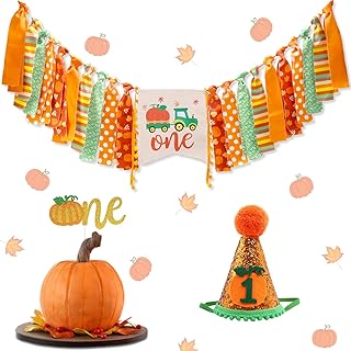 Vansolinne Little Pumpkin First Birthday Highchair Banner Decorations, Fall Harvest Birthday Highchair Banner Cake Smash Cone Hat Decorations Set for Baby Boy Girl 1st Birthday Party Supplies, 3 in 1