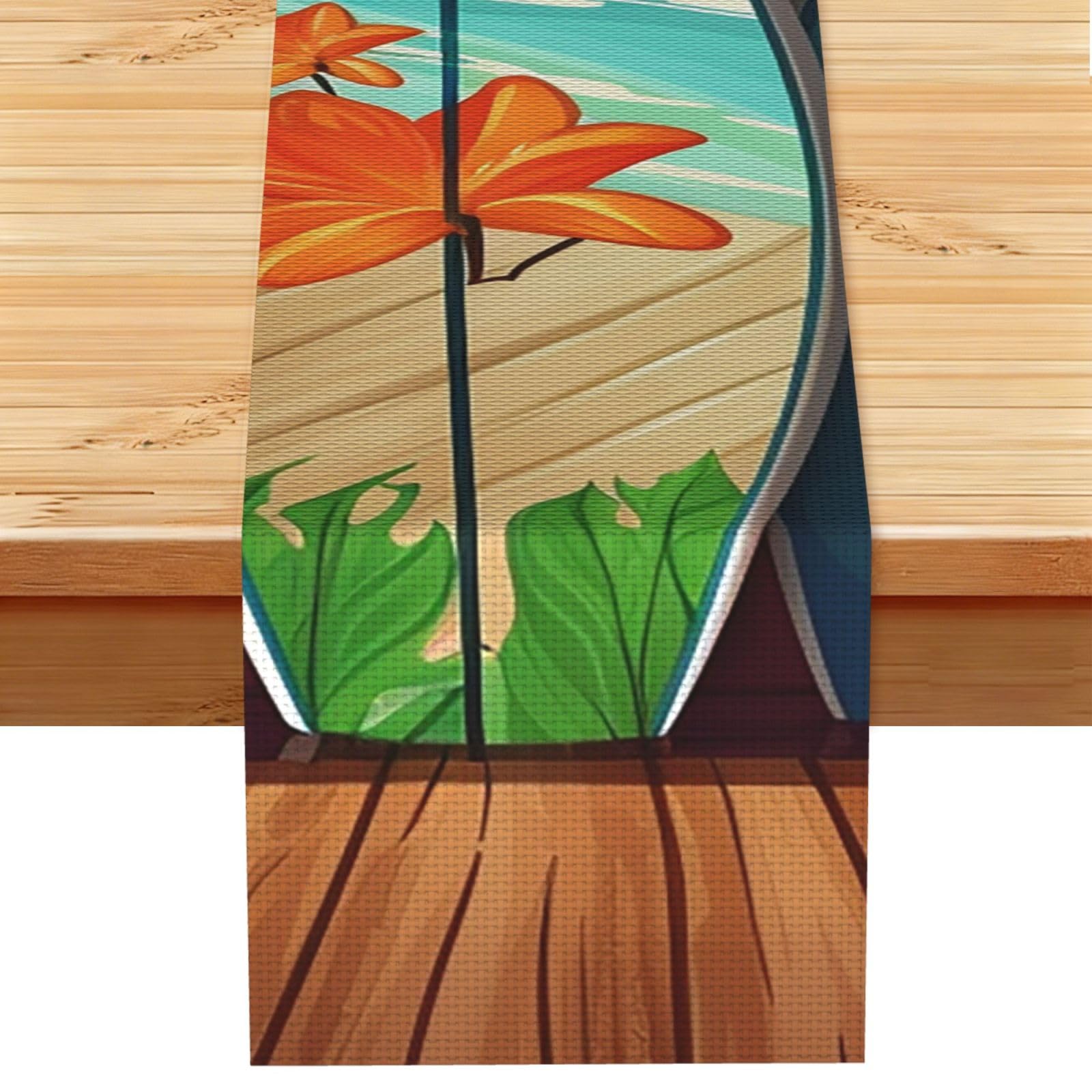 Surfboard on Wooden Table Runner 13 x 72 Inches Long, Cotton Linen Table Runners for Kitchen Dining Table Decoration - Washable Tablecloth Modern Tablerunner for Home Party Decor