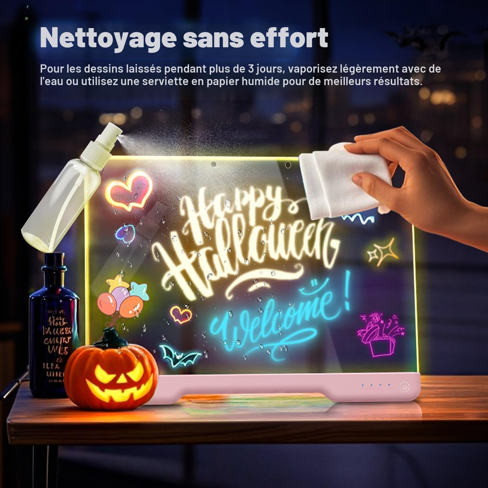 Tableau lumineux LED rechargeable 40 cm avec 7 couleurs – Ardoise lumineuse néon pour dessin et messages, effaçable à sec, avec support intégré, 5 marqueurs – Cadeau créatif pour enfants et ados-rose