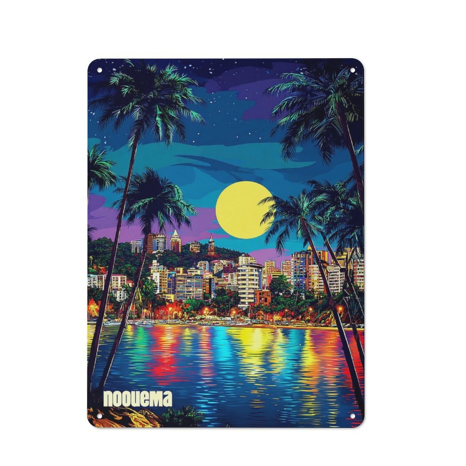 Junmoney Neon Nightscape With Palm Trees Tin Sign 40X30cm For Living Room Wall, Retro Wall Decor, A Decorative Metal Sign For Living Rooms And Feature Walls