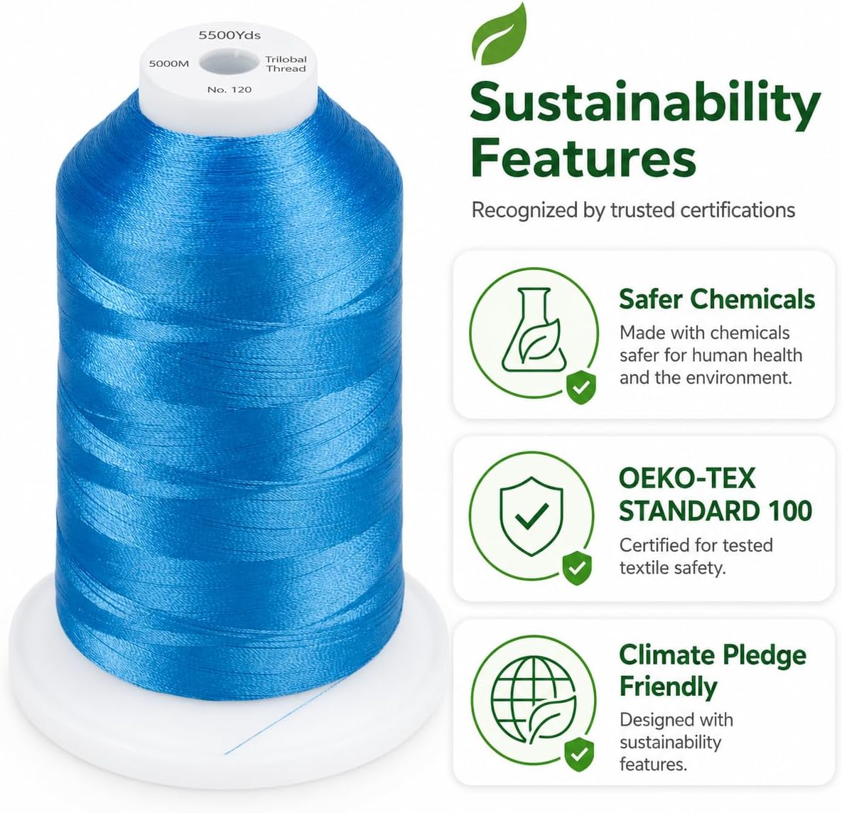 Simthread 5500Yds/5000M 40WT Polyester Embroidery Thread Electric Blue 420 | Large 5000M spool with thread lock base feeds smoothly for stable 40WT polyester stitching on home and commercial machines.