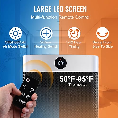 Miniatura 3 de VEVOR Calentador eléctrico de espacio con termostato de cerámica rápido y silencioso, control remoto, temporizador de 12 horas, protección contra