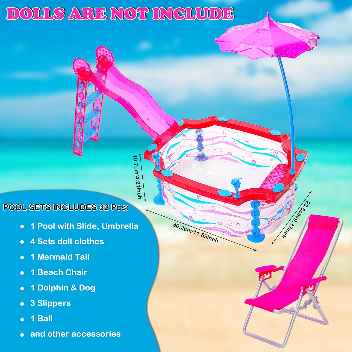 BARWA Doll Pool Playset Clothes and Accessories Includes Pool Party Set with Slide and Umbrella, 4 Set Swimsuit, Mermaid Tail, 3 Slipper, Pool Float, Beach Chair Swimming Pool Toys for 11.5 Inch Dolls