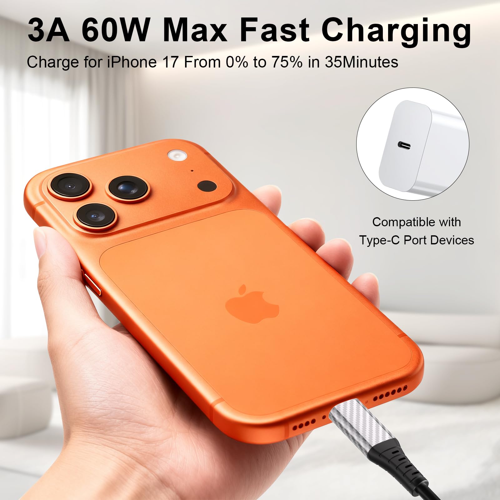 Câble USB C de 9 m, câble de charge extra long 60 W USB C vers USB C, noir