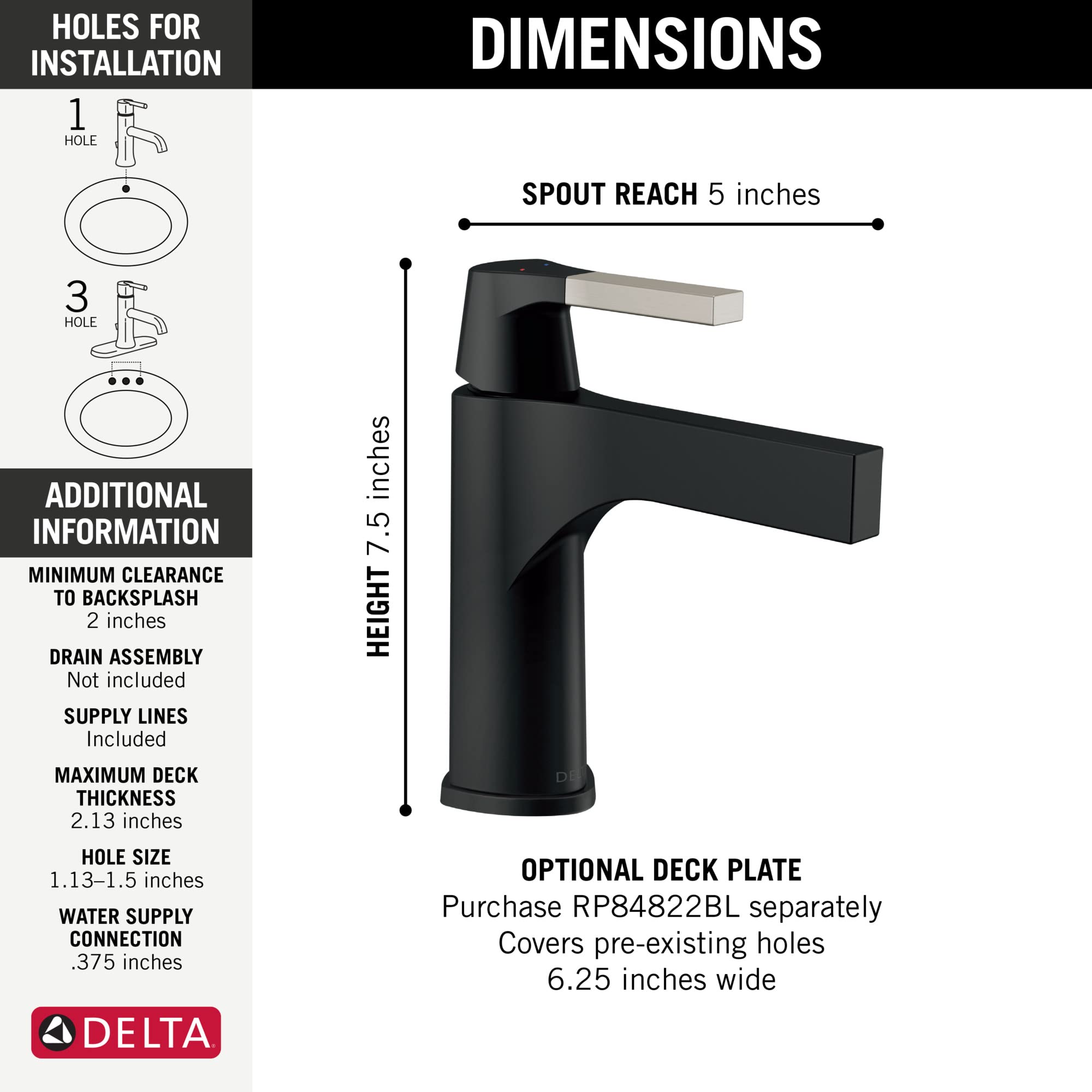 Delta 574-SMLPU-DST Zura Bathroom Faucet, Black and Stainless