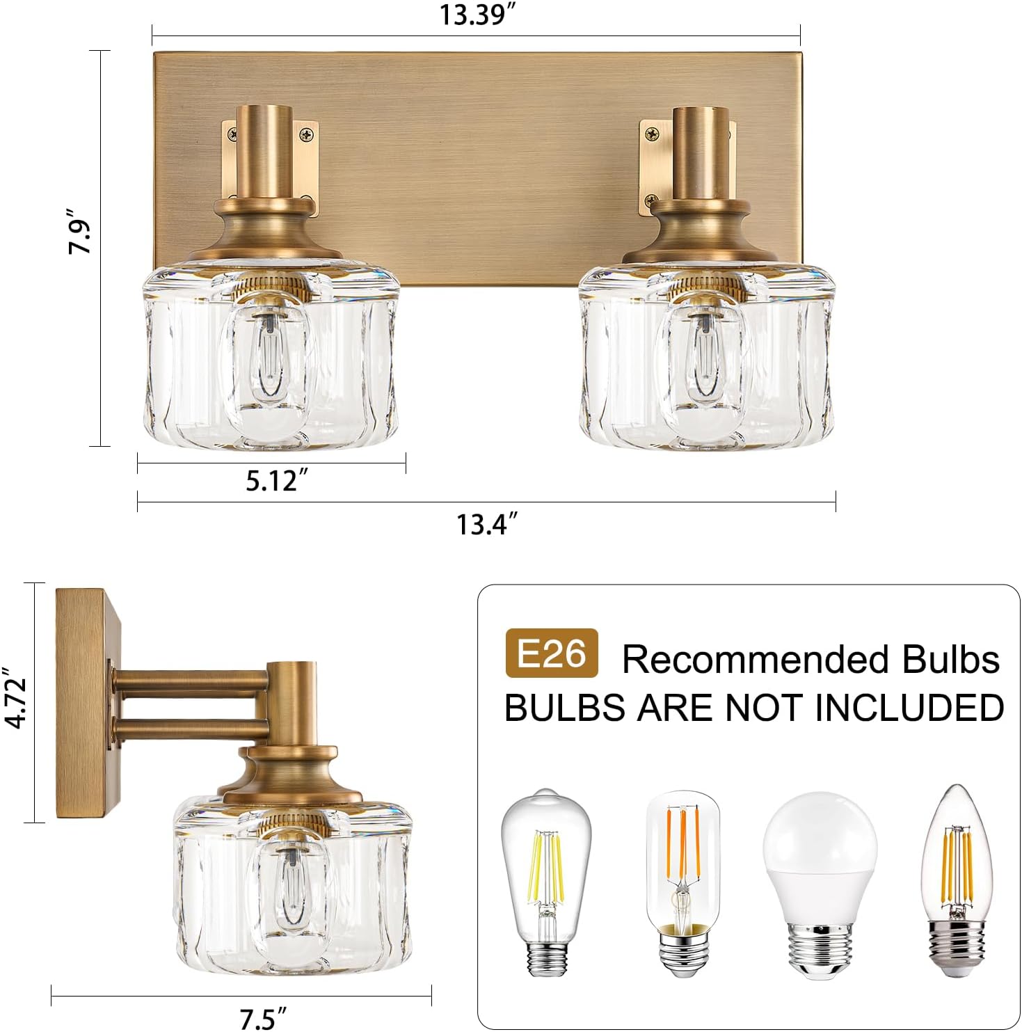 Bathroom Vanity Lights 13.4" Vintage Crystal Glass Vanity Light 2 Lights Brass Antique Bathroom Light Fixtures(7.7pounds)