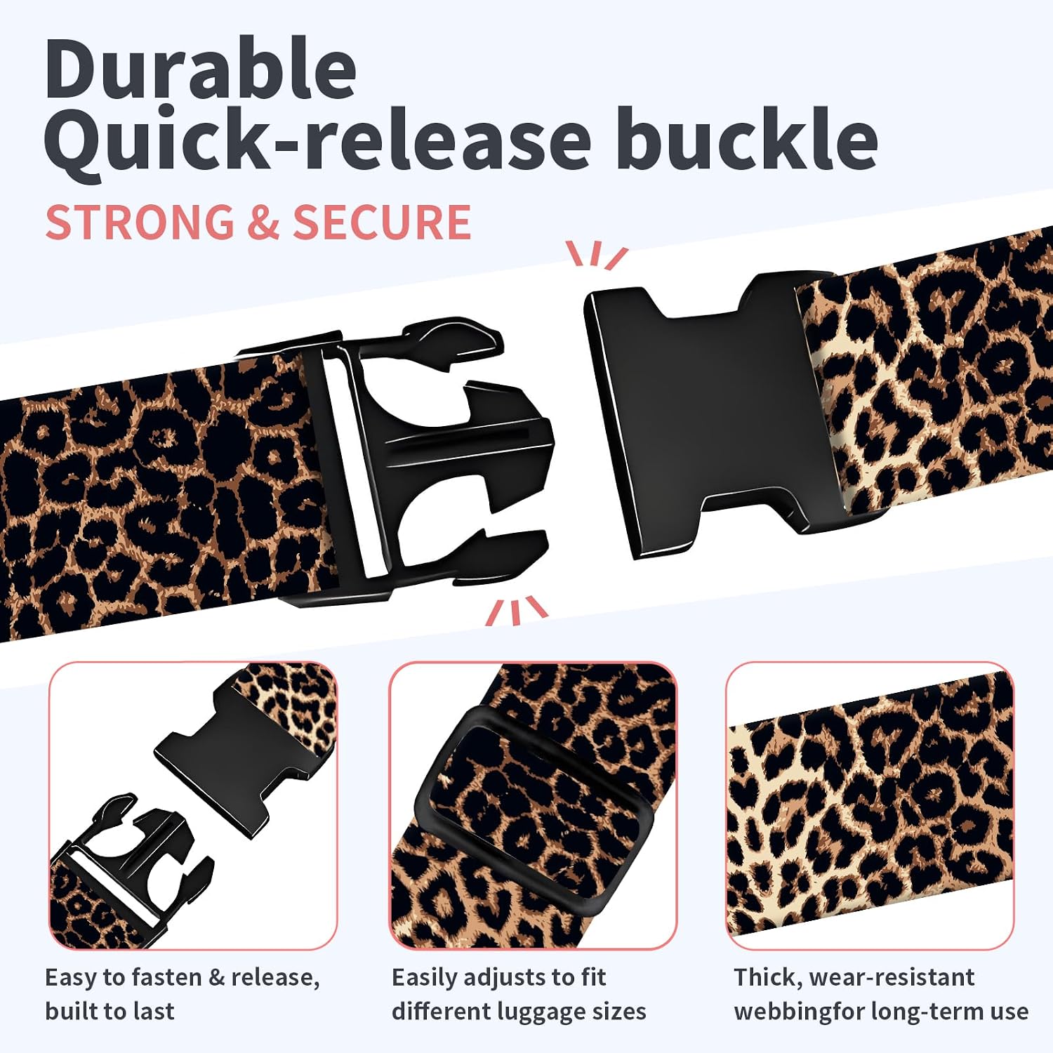 Luggage Strap for Suitcases Adjustable Travel Belt with Quick Release Buckle, Cute Travel Accessories for Suitcase Strap Leopard Print