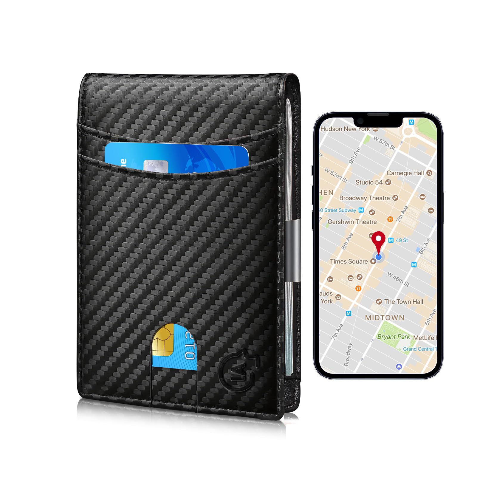 Anti-Lost Bluetooth Wallet Tracker & Finder, Compatible with Anroid, Slim Leather with 1 ID Window, Credit Card Holder with Gift Box (iOS-KBF005-Carbon Black) (Carbon&Black, Android)
