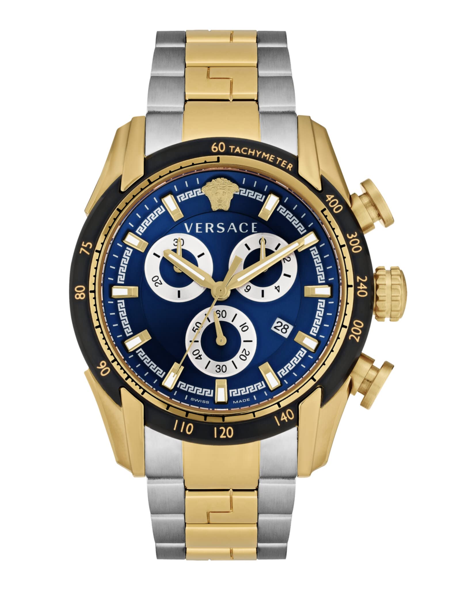VersaceMen's V-Ray Luxury Two-Tone Stainless Steel Watch with Blue Sun-Blue Dial, 44mm Two-Tone Case, Quartz Chronograph Movement, Water Resistant to 50M, Fold-Over Clasp, Adult Men's Fashion Watch