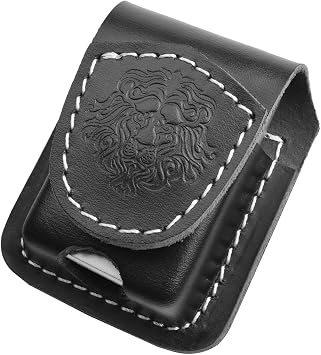 Handmade Fliptop Leather Lighter Pouch Holder Case with Pocket Belt Loop (Lion-Black)